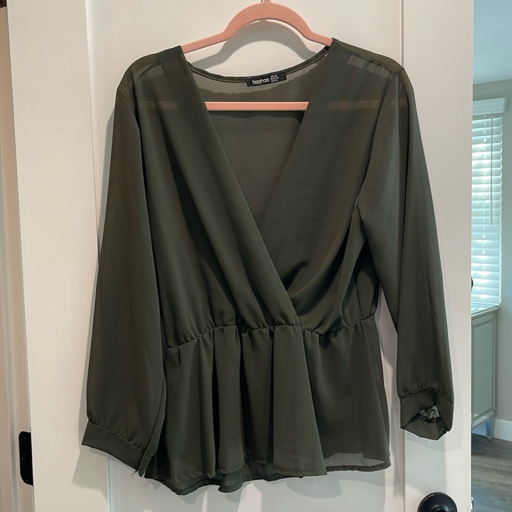 Boohoo Chiffon Peplum Green Blouse